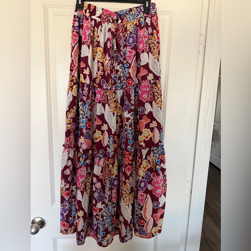 Floral Tiered Maxi Skirt in Burgundy and Multi